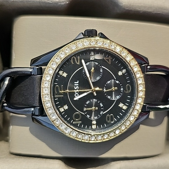 FOSSIL GOLD n DIAMOND BLACK LEATHER BAND FOSSIL WATCH 38mm - Picture 2 of 4